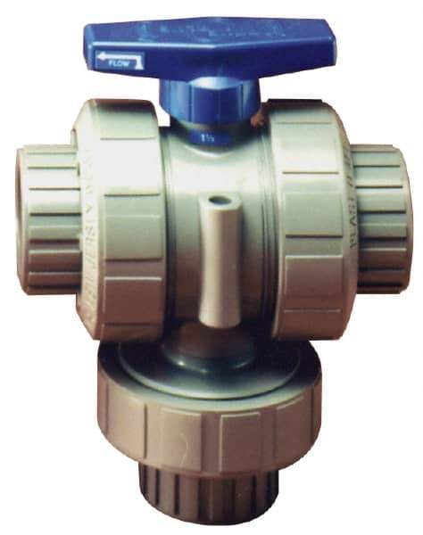 Plast-O-Matic - 1/2" Pipe, PVC True Union Design Ball Valve - Three Way, FNPT x FNPT x FNPT Ends, Tee Handle, 175 WOG - All Tool & Supply