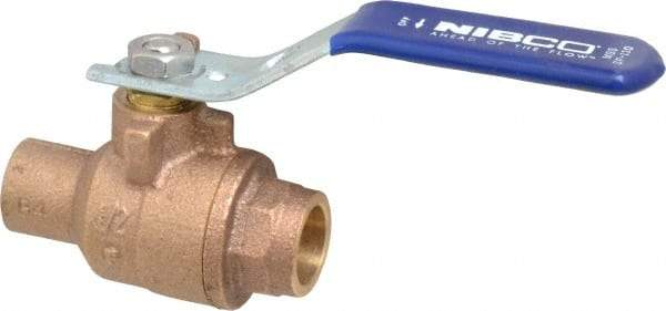 NIBCO - 1/2" Pipe, Full Port, Bronze Standard Ball Valve - 2 Piece, Inline - One Way Flow, Soldered x Soldered Ends, Lever Handle, 600 WOG, 150 WSP - All Tool & Supply