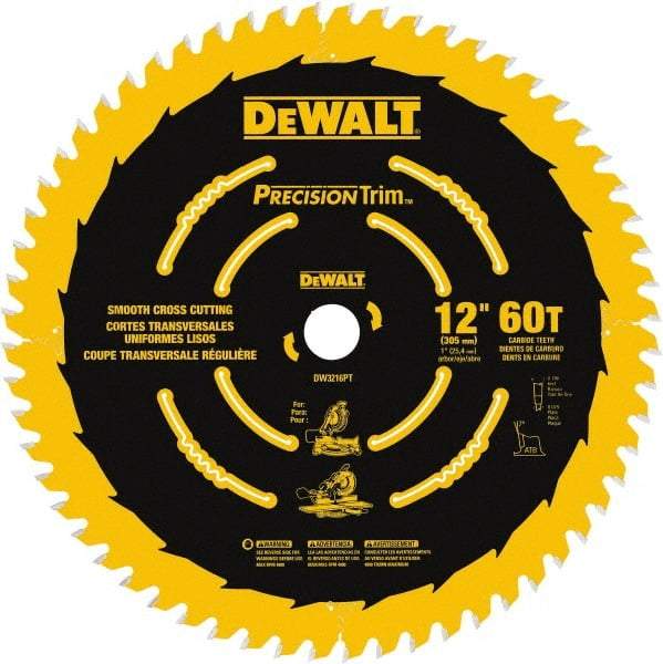 DeWALT - 12" Diam, 1" Arbor Hole Diam, 60 Tooth Wet & Dry Cut Saw Blade - Carbide-Tipped, Crosscut & Smooth Action, Standard Round Arbor - All Tool & Supply