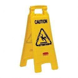 Rubbermaid - Caution, 11" Wide x 25" High, Plastic Floor Sign - English/French/Spanish, A-Frame, Black on Yellow, For Restroom, Janitorial & Housekeeping - All Tool & Supply