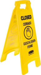 Rubbermaid - Closed, 11" Wide x 25" High, Plastic Floor Sign - English/French/German/Spanish, A-Frame, Black on Yellow, For Restroom, Janitorial & Housekeeping - All Tool & Supply