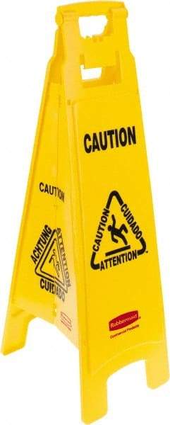 Rubbermaid - Caution, 12" Wide x 37" High, Plastic Floor Sign - English/French/Spanish, A-Frame, Black on Yellow, For Restroom, Janitorial & Housekeeping - All Tool & Supply