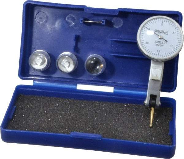 Fowler - 0.03 Inch Range, 0.0005 Inch Dial Graduation, Horizontal Dial Test Indicator - 1 Inch White Dial, 0-15-0 Dial Reading - All Tool & Supply