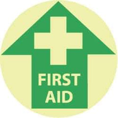 NMC - First Aid, Anti-Skid Polyester Floor Sign - Round, Green on Yellow (Glow), Adhesive Backed, For First Aid - All Tool & Supply