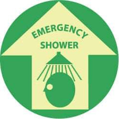 NMC - Emergency Shower, Anti-Skid Polyester Floor Sign - Round, Green on Yellow (Glow), Adhesive Backed, For First Aid - All Tool & Supply