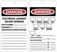 NMC - 4" High x 7-3/8" Long, DANGER - ELECTRICAL LOCKOUT - DO NOT OPERATE, English Safety & Facility Lockout Tag - Tag Header: Danger, 2 Sides, Black, Red & White Unrippable Vinyl - All Tool & Supply