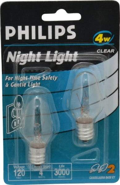 Philips - 4 Watt Incandescent Residential/Office Candelabra Screw Lamp - 2,700°K Color Temp, 16 Lumens, 120 Volts, Dimmable, C7, 3,000 hr Avg Life - All Tool & Supply