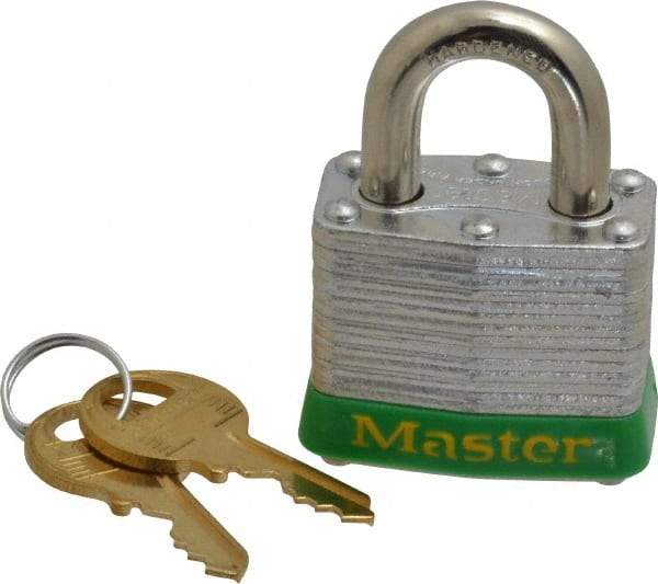 Master Lock - Keyed Alike Retaining Key Conductive Lockout Padlock - 3/4" Shackle Clearance, 9/32" Shackle Diam, 1-1/4" Body Height x 1-9/16" Body Width, Green, 4 Pins - All Tool & Supply