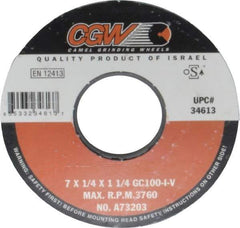 Camel Grinding Wheels - 7" Diam x 1-1/4" Hole x 1/4" Thick, I Hardness, 100 Grit Surface Grinding Wheel - Silicon Carbide, Type 1, Fine Grade, 3,760 Max RPM, Vitrified Bond, No Recess - All Tool & Supply