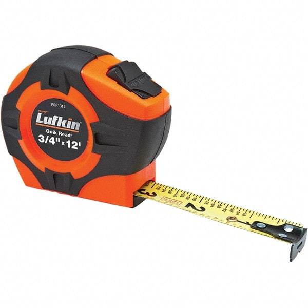 Lufkin - 12' x 3/4" Yellow Steel Blade Tape Measure - 1/16" Graduation, High-Visibility Orange ABS Rubber Grip Case - All Tool & Supply