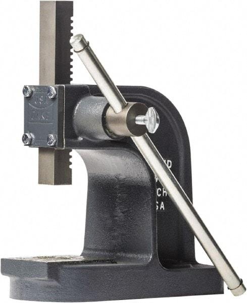 Dake - 1" Ram, 3-1/2" Throat Depth, 1 Ton Manual Arbor Press - 4-1/2" Max Work Height x 7" Max Work Width, Single Leverage, 25:1 Leverage Ratio, 4-1/4" Base Width x 9-1/2" Base Depth - All Tool & Supply