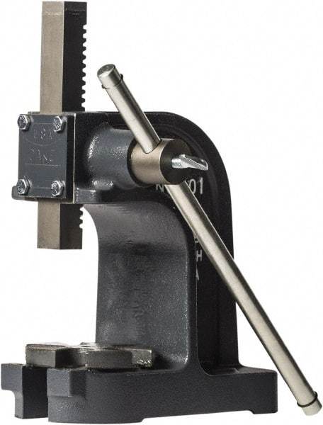 Dake - 1" Ram, 3-1/2" Throat Depth, 1 Ton Manual Arbor Press - 4-1/2" Max Work Height x 7" Max Work Width, Single Leverage, 25:1 Leverage Ratio, 4-1/4" Base Width x 9" Base Depth - All Tool & Supply