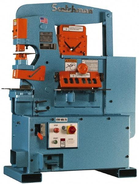 Scotchman - 12" Throat Depth, 90 Ton Punch Pressure, 1-1/8" in 1" Punch Capacity Ironworker - 5 hp, 3 Phase, 208/380/575 (Standard), 230 (Optional) & 230/240 (Standard) Volts, 76" Wide x 70" High x 26" Deep - All Tool & Supply