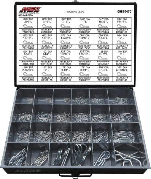 Value Collection - 359 Piece, 1/8 to 1" Pin Diam, Hitch Pin Assortment - 1/16 to 7/8" Long, Spring Wire, Zinc Plated - All Tool & Supply