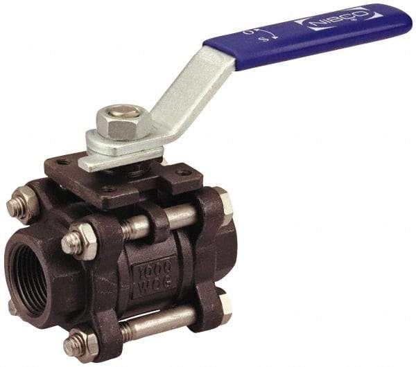 NIBCO - 2" Pipe, Full Port, Carbon Steel Standard Ball Valve - 3 Piece, Inline - One Way Flow, FNPT x FNPT Ends, Lever Handle, 1,000 WOG - All Tool & Supply