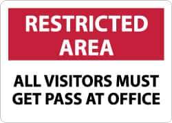 NMC - "Restricted Area - All Visitors Must Get Pass at Office", 10" Long x 14" Wide, Aluminum Safety Sign - Rectangle, 0.04" Thick, Use for Security & Admittance - All Tool & Supply