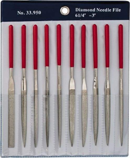 Grobet - 10 Piece Diamond Pattern File Set - 6-1/4" Long, Medium Coarseness, Set Includes Flat, Round, Square, Three Square - All Tool & Supply