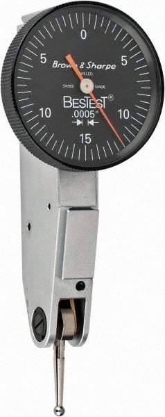 TESA Brown & Sharpe - 0.03 Inch Range, 0.0005 Inch Dial Graduation, Horizontal Dial Test Indicator - 1 Inch Black Dial, 0-15-0 Dial Reading - All Tool & Supply