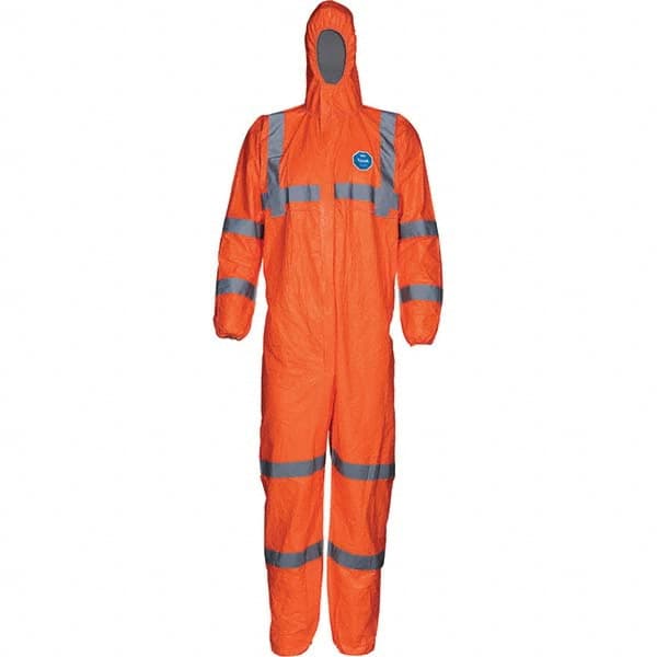 Disposable Coveralls: Size X-Large, Tyvek, Zipper Closure Fluorescent Orange, Serged Seam, Elastic Cuff, Elastic Ankle, ISO Non-Cleanroom Class