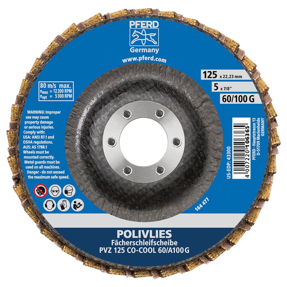 Flap Disc: 7/8″ Hole, 60 Grit, Ceramic, Compact Coated & Non-Woven Combo, Fiber-Backed, 12,200 RPM