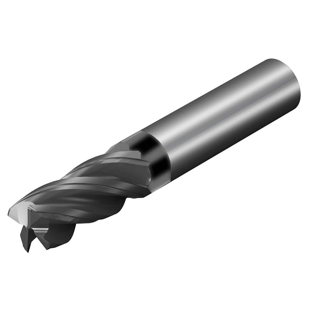 Corner Radius End Mill: 1/4″ Dia, 1-1/4″ LOC, 0.015″ Radius, 4 Flutes, Solid Carbide 3″ OAL, 1/4″ Shank Dia, 36.5 ° Helix, AlTiN Coated, Corner Radius End, Centercutting, Series CoroMill Dura