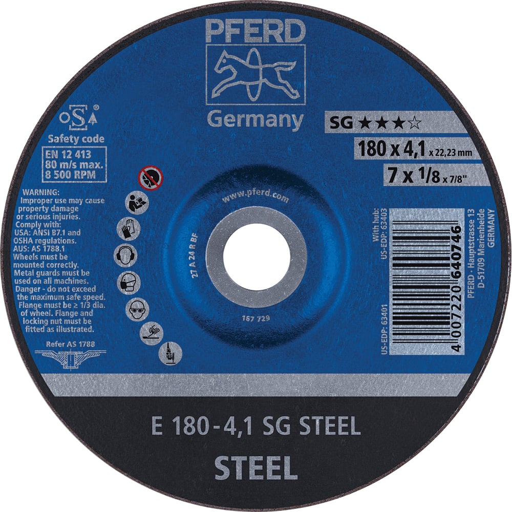 PFERD - Depressed-Center Wheels; Hole Size (Inch): 7/8 ; Connector Type: Arbor ; Wheel Type Number: Type 27 ; Abrasive Material: Aluminum Oxide ; Maximum RPM: 8500.000 ; Bond Type: Resinoid - Exact Industrial Supply