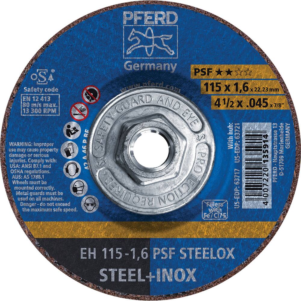 PFERD - Depressed-Center Wheels; Hole Thread Size: 5/8-11 ; Connector Type: Arbor ; Wheel Type Number: Type 27 ; Abrasive Material: Aluminum Oxide ; Maximum RPM: 13300.000 ; Grit: 46 - Exact Industrial Supply