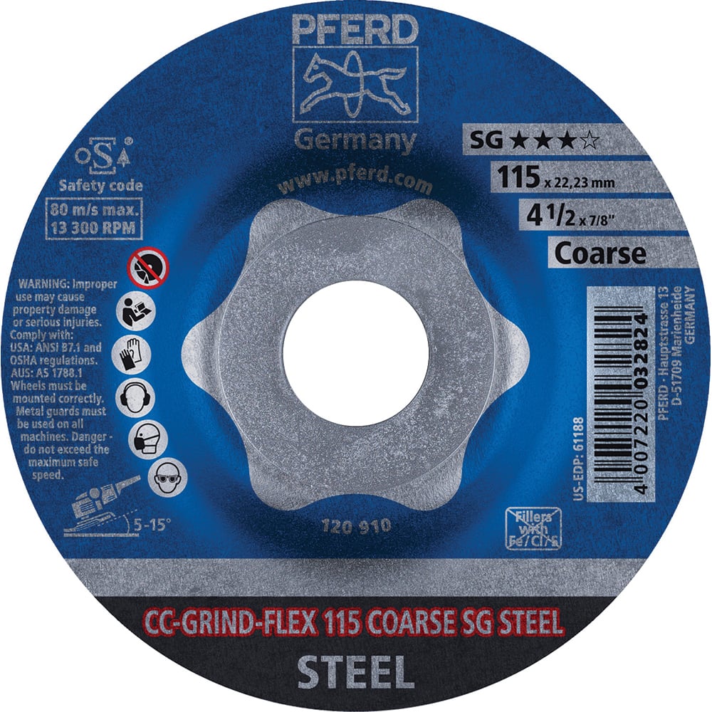 PFERD - Depressed-Center Wheels; Grade: Coarse ; Hole Size (Inch): 7/8 ; Connector Type: Arbor ; Wheel Type Number: Type 1 ; Abrasive Material: Steel ; Maximum RPM: 13300.000 - Exact Industrial Supply