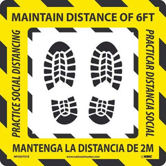 Adhesive Backed Floor Signs; Message Type: COVID-19; Graphic Type: Shoeprints; Message or Graphic: Message & Graphic; Legend: Practice Social Distancing Maintain Distance Of 6Ft, Practicar Distancia Social Mantenga La Distancia De 2M; Color: White; Yellow