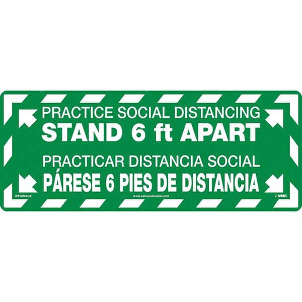 Adhesive Backed Floor Signs; Message Type: COVID-19; Graphic Type: None; Message or Graphic: Message & Graphic; Legend: Practice Social Distancing Stand 6 Ft Apart, Practicar Distancia Social Parese 6 Pies De Distancia; Color: White; Green; Special Color