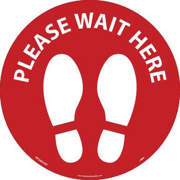 Adhesive Backed Floor Signs; Message Type: COVID-19; Graphic Type: Shoeprints; Message or Graphic: Message & Graphic; Message/Graphic: Message & Graphic; Legend: PLEASE WAIT HERE; Color: Red; White; Legend Color: White; Special Color Properties: Red; Whit