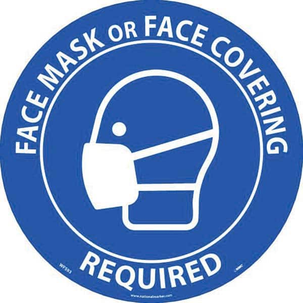 Adhesive Backed Floor Signs; Message Type: COVID-19; Graphic Type: Wear Mask; Message or Graphic: Message & Graphic; Legend: Face Mask Or Face Covering Required; Color: White; Blue; Special Color Properties: No Special Properties; Material: Vinyl; Shape: