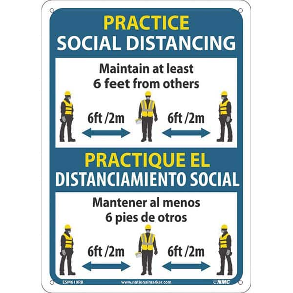 Sign: Rectangle & Square, ″Practice Social Distancing Maintain At Least 6 Feet From Others 6Ft/2M Practique El Distanciamiento Social Mantener Al Menos 6 Pies De Otros 6Ft/2M″ Plastic, 14″ High