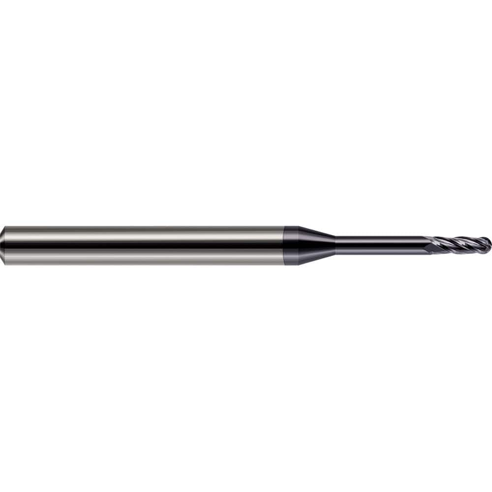 Ball End Mill: 0.031″ Dia, 0.093″ LOC, 4 Flute, Solid Carbide 1-1/2″ OAL, 1/8″ Shank Dia, 30 ° Helix, AlTiN Coated, Single End