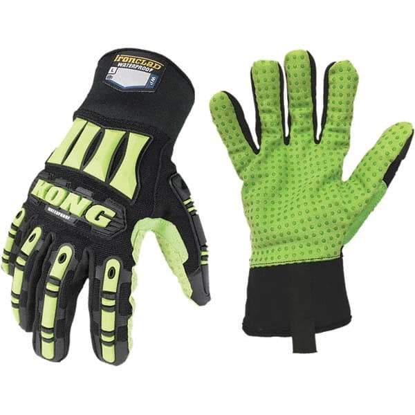 ironCLAD - Size 2XL (11), ANSI Cut Lvl A1, Abrasion Lvl 5, Cut Resistant Gloves - 11" Long, Uncoated, Polyester Lining, Slip-On Cuff, Black/Green, Paired - All Tool & Supply