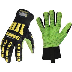 ironCLAD - Size L (9), ANSI Cut Lvl A5, Abrasion Lvl 5, Cut Resistant Gloves - 11" Long, Uncoated, Polyester Lining, Slip-On Cuff, Black/Green, Paired - All Tool & Supply