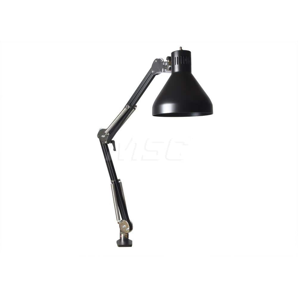 Task Light: Incandescent & LED, 42″ Reach, Swing Arm, Table Edge Clamp, Black 120V, 8 Watts