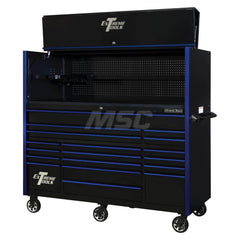 Tool Storage Combos & Systems; Type: Roller Cabinet with Hutch Combo; Drawers Range: More than 15 Drawers; Number of Pieces: 2.000; Width Range: 72″ and Wider; Depth Range: 30″ and Deeper; Height Range: 60″ and Higher; Color: Combo Black with Blue Trim; T