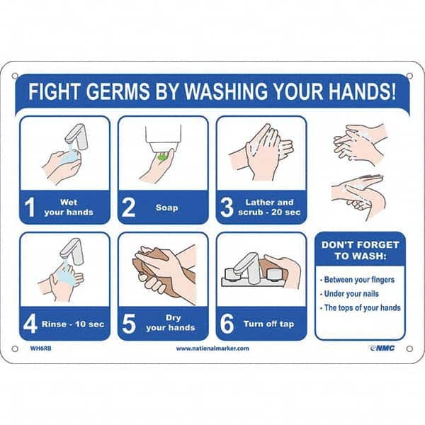 NMC - "Fight Germs By Washing Your Hands!", 14" Wide x 10" High, Rigid Plastic Safety Sign - All Tool & Supply