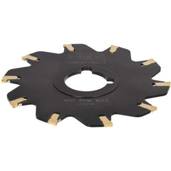 Indexable Slotting Cutter: 0.161'' Cutting Width, 2.4803'' Cutter Dia, Arbor Hole Connection, 0.591'' Depth of Cut, 0.394'' Hole, Neutral Self Clamping, Uses 5 SS Inserts, 5 Teeth, Straight, Positive, Steel, Black Oxide Finish