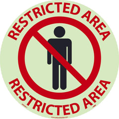 NMC - Adhesive Backed Floor Signs; Message Type: Security & Admittance ; Graphic Type: Person in Circle w/ Slash Through It ; Message or Graphic: Message & Graphic ; Legend: Restricted Area ; Color: Black; Red ; Special Color Properties: Glow-In-The-Dark - Exact Industrial Supply