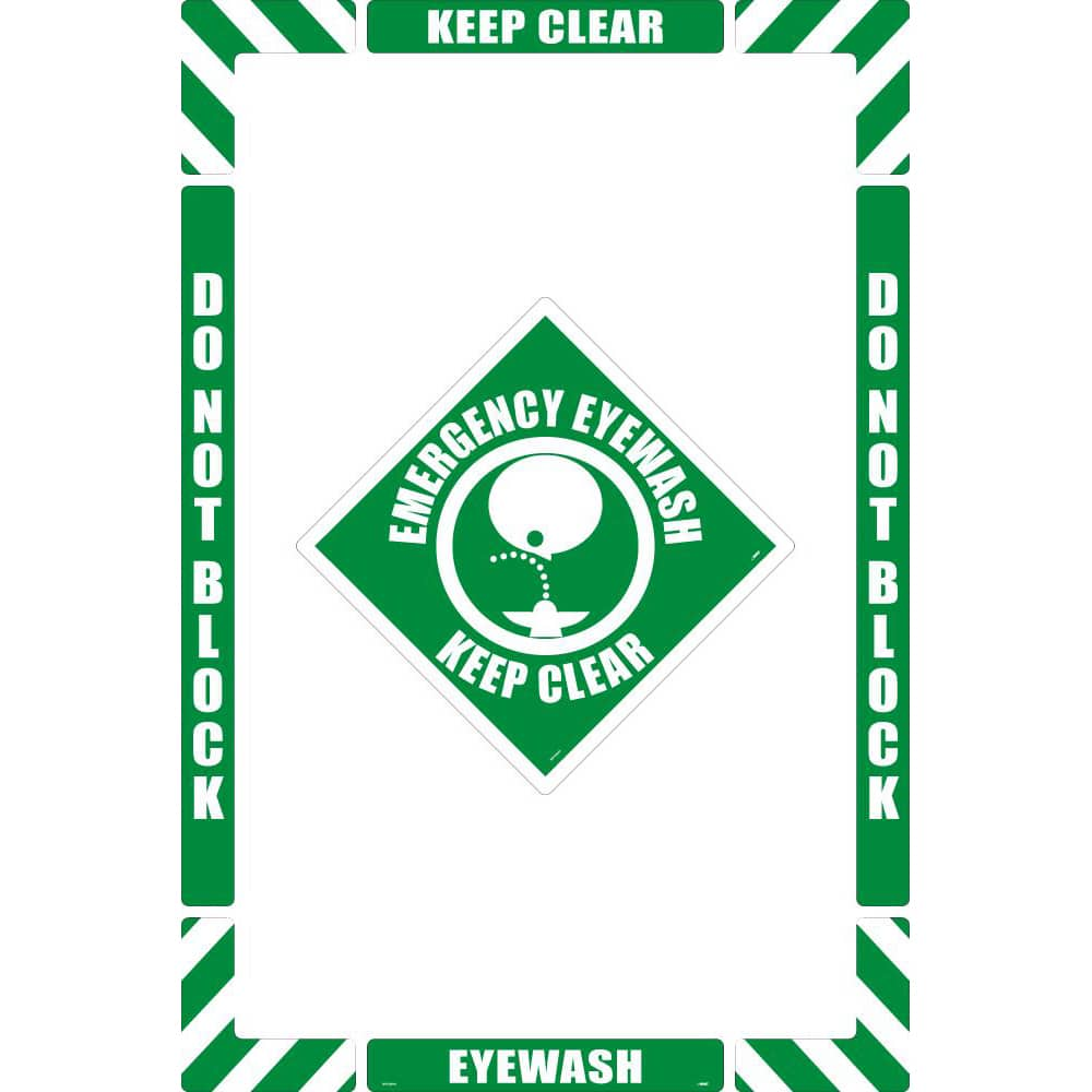 NMC - Adhesive Backed Floor Signs; Message Type: First Aid ; Graphic Type: Head over Eye Wash ; Message or Graphic: Message & Graphic ; Legend: Emergency Eyewash Keep Clear ; Color: Green; White ; Special Color Properties: No Special Properties - Exact Industrial Supply