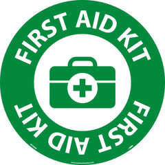 NMC - Adhesive Backed Floor Signs; Message Type: First Aid ; Graphic Type: First Aid Kit ; Message or Graphic: Message & Graphic ; Legend: First Aid Kit ; Color: Green; White ; Special Color Properties: No Special Properties - Exact Industrial Supply