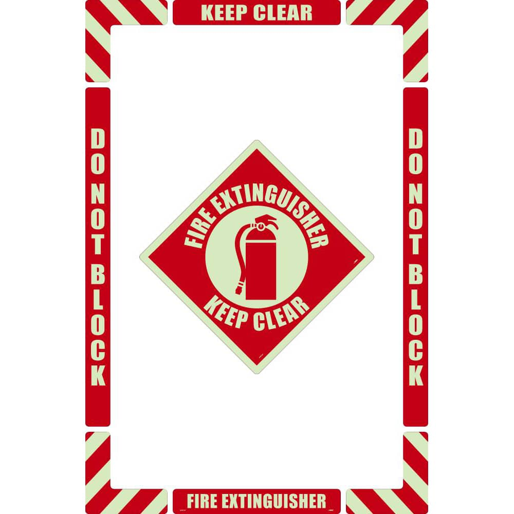 NMC - Adhesive Backed Floor Signs; Message Type: Accident Prevention ; Graphic Type: Fire Extinguisher ; Message or Graphic: Message & Graphic ; Legend: Fire Extinguisher Keep Clear ; Color: Red on Glow ; Special Color Properties: Glow-In-The-Dark - Exact Industrial Supply