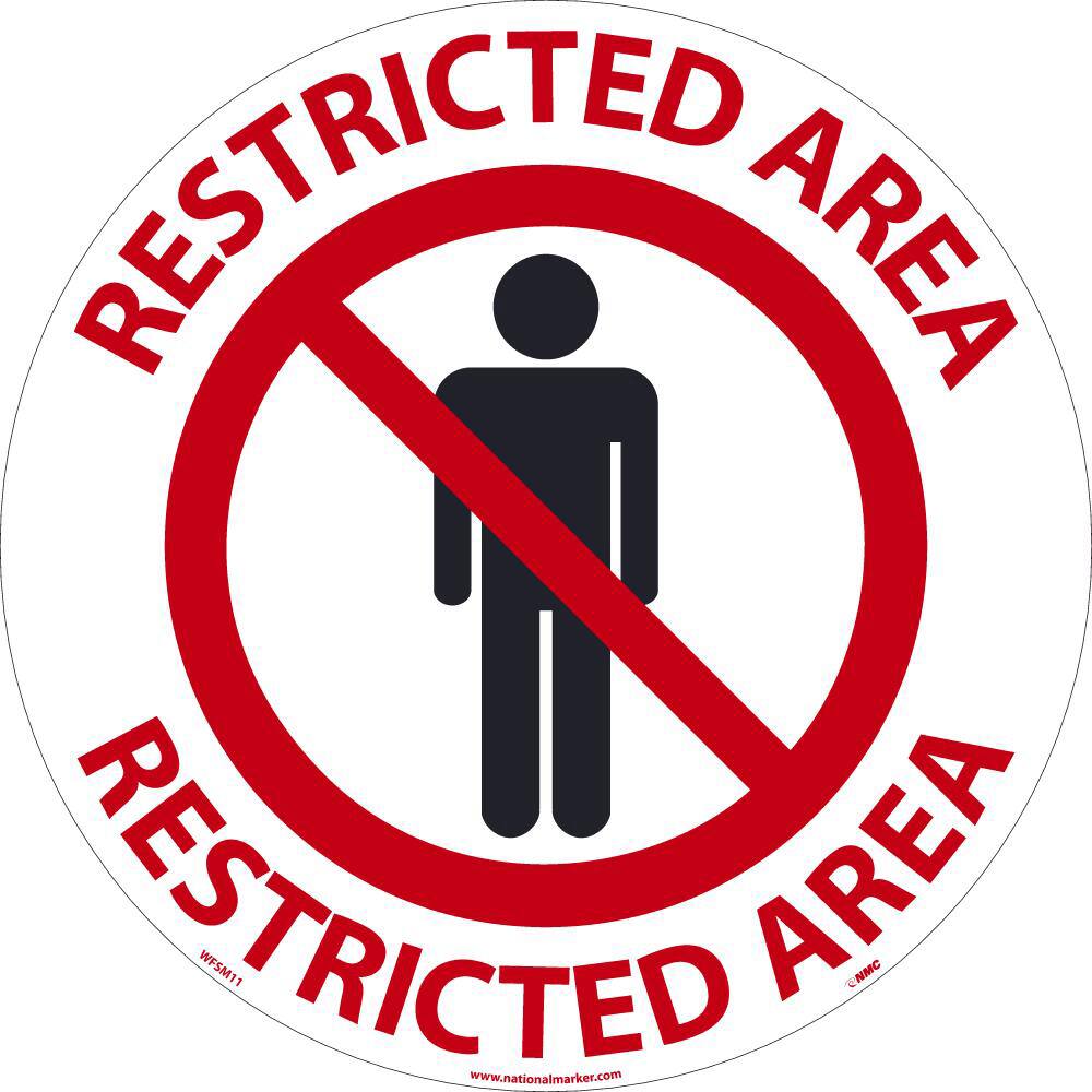 NMC - Adhesive Backed Floor Signs; Message Type: Security & Admittance ; Graphic Type: Person in Circle w/ Slash Through It ; Message or Graphic: Message & Graphic ; Legend: Restricted Area ; Color: Black; Red; White ; Special Color Properties: No Specia - Exact Industrial Supply