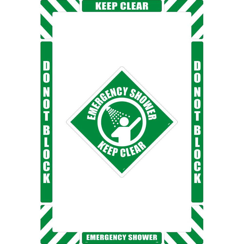 NMC - Adhesive Backed Floor Signs; Message Type: First Aid ; Graphic Type: Man Showering ; Message or Graphic: Message & Graphic ; Legend: Emergency Shower Keep Clear ; Color: Green; White ; Special Color Properties: No Special Properties - Exact Industrial Supply