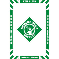 NMC - Adhesive Backed Floor Signs; Message Type: First Aid ; Graphic Type: Man Showering ; Message or Graphic: Message & Graphic ; Legend: Emergency Shower Keep Clear ; Color: Green; White ; Special Color Properties: No Special Properties - Exact Industrial Supply