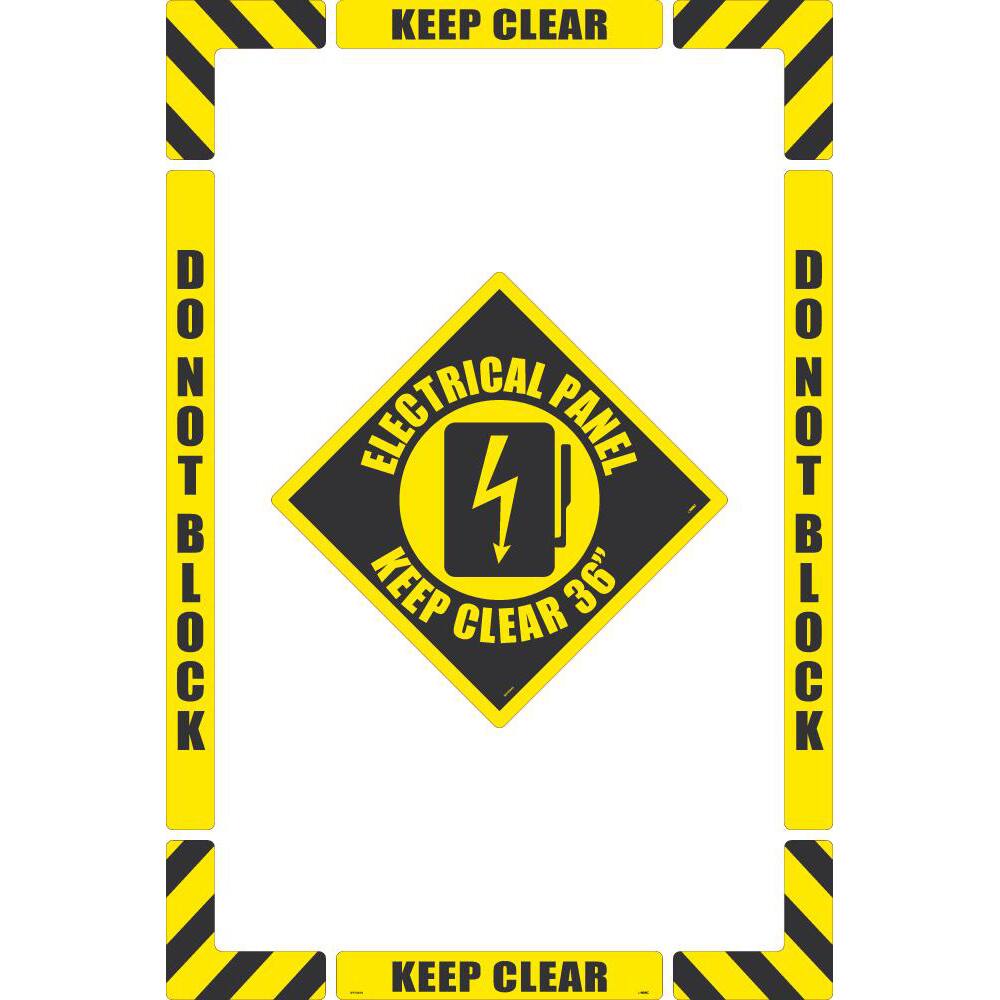 NMC - Adhesive Backed Floor Signs; Message Type: Accident Prevention ; Graphic Type: Arc Flash ; Message or Graphic: Message & Graphic ; Legend: Electrical Panel Keep Clear 36" ; Color: Black; Yellow ; Special Color Properties: No Special Properties - Exact Industrial Supply