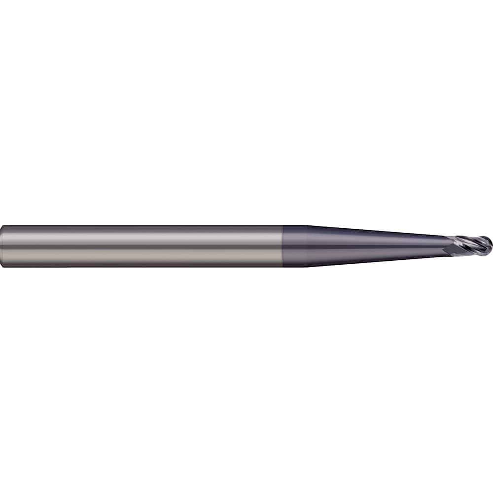 Ball End Mill: 0.063″ Dia, 0.189″ LOC, 2 Flute, Solid Carbide 50 mm OAL, 4 mm Shank Dia, 30 ° Helix, AlTiN Coated, Single End