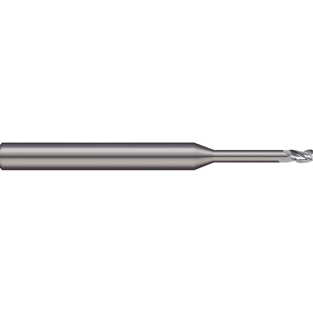 Corner Radius End Mill: 0.045″ Dia, 0.068″ LOC, 0.01″ Radius, 2 Flutes, Solid Carbide 1-1/2″ OAL, 1/8″ Shank Dia, 20 ° Helix, Bright/Uncoated, Corner Radius End